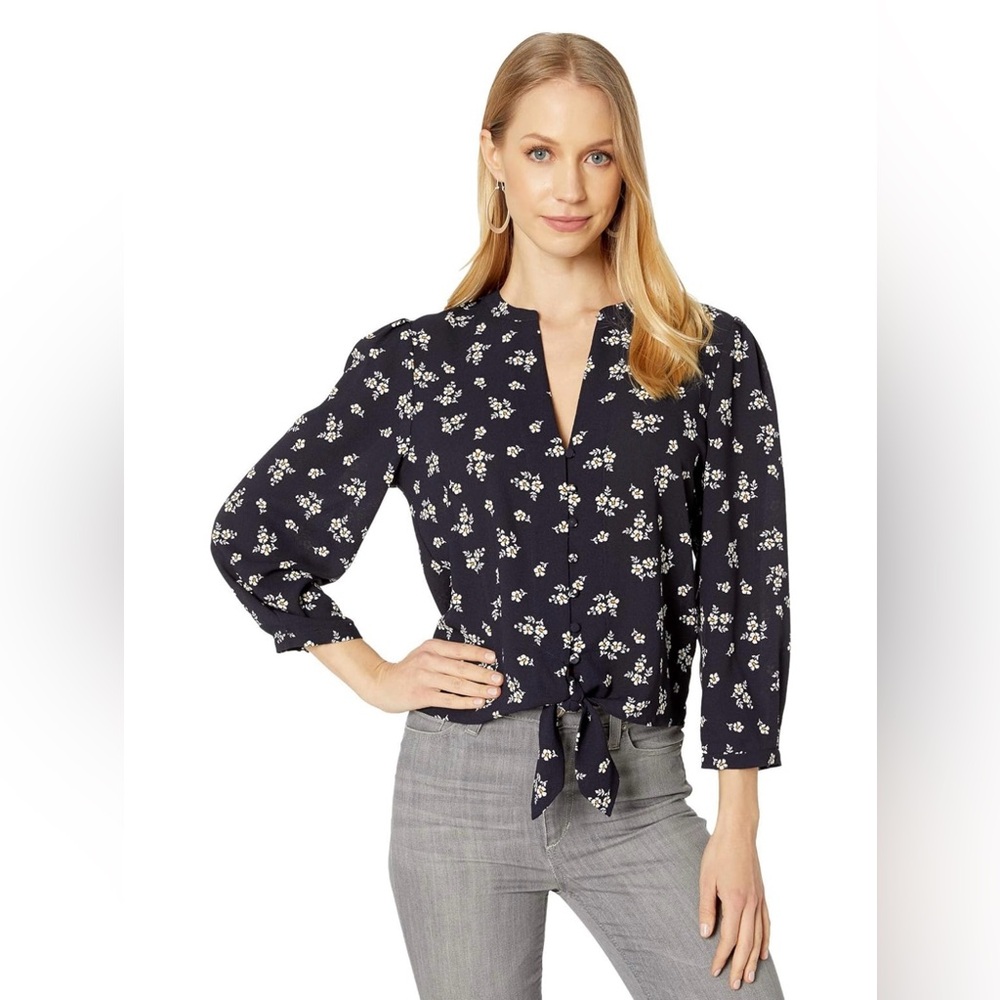 1. STATE Blouse Top Shirt Blue Floral Tie Split Neck Women's Size Medium